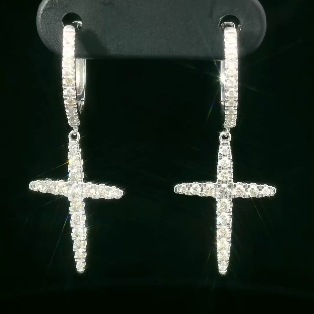 Diamond Cross Hanging Drop Earrings 14k White Gold 0.40ctw